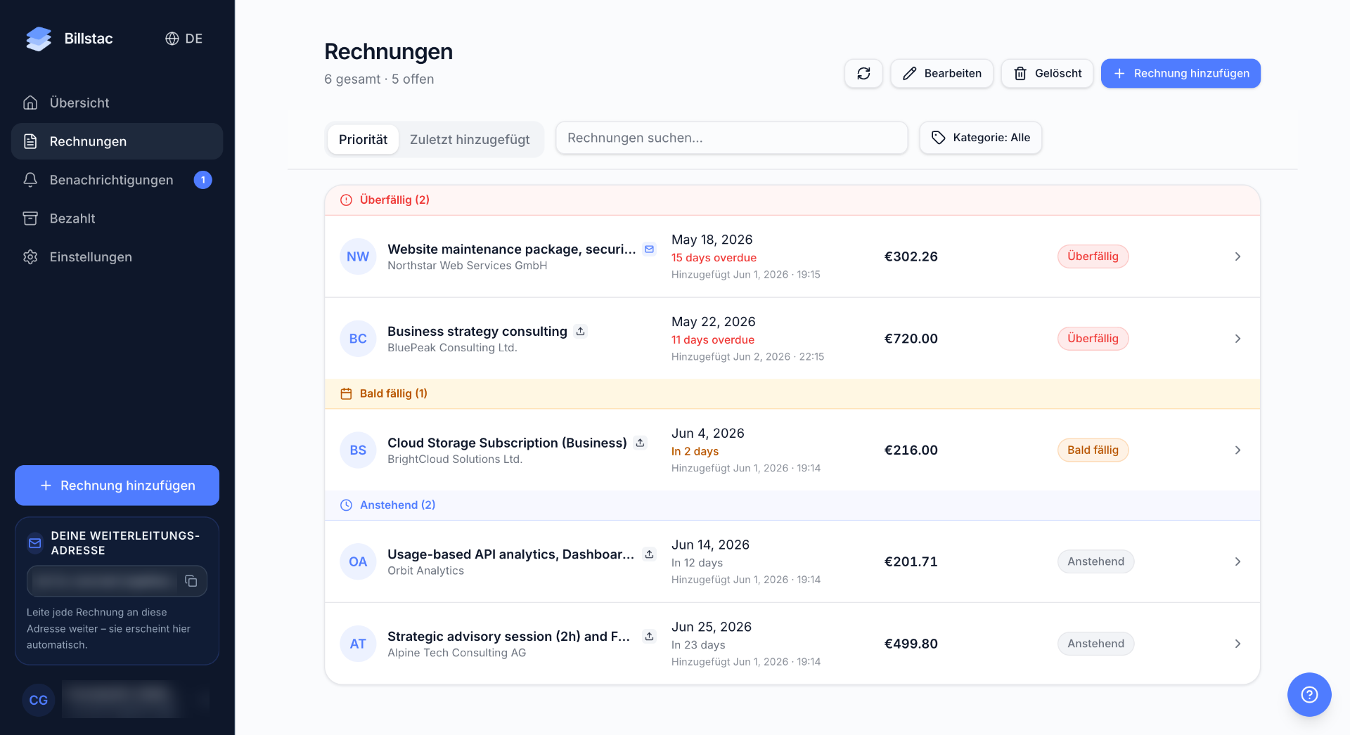 Billstac invoices dashboard showing overdue, due soon and upcoming bills.